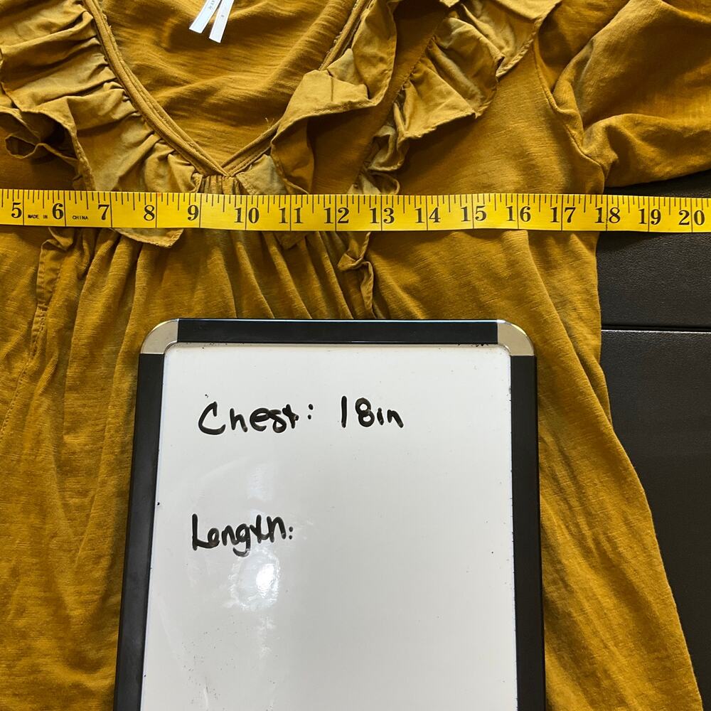 Anthropologie Top Womens Small Mustard Yellow Cotton Ruffle V Neck Long Sleeve - Picture 9 of 10